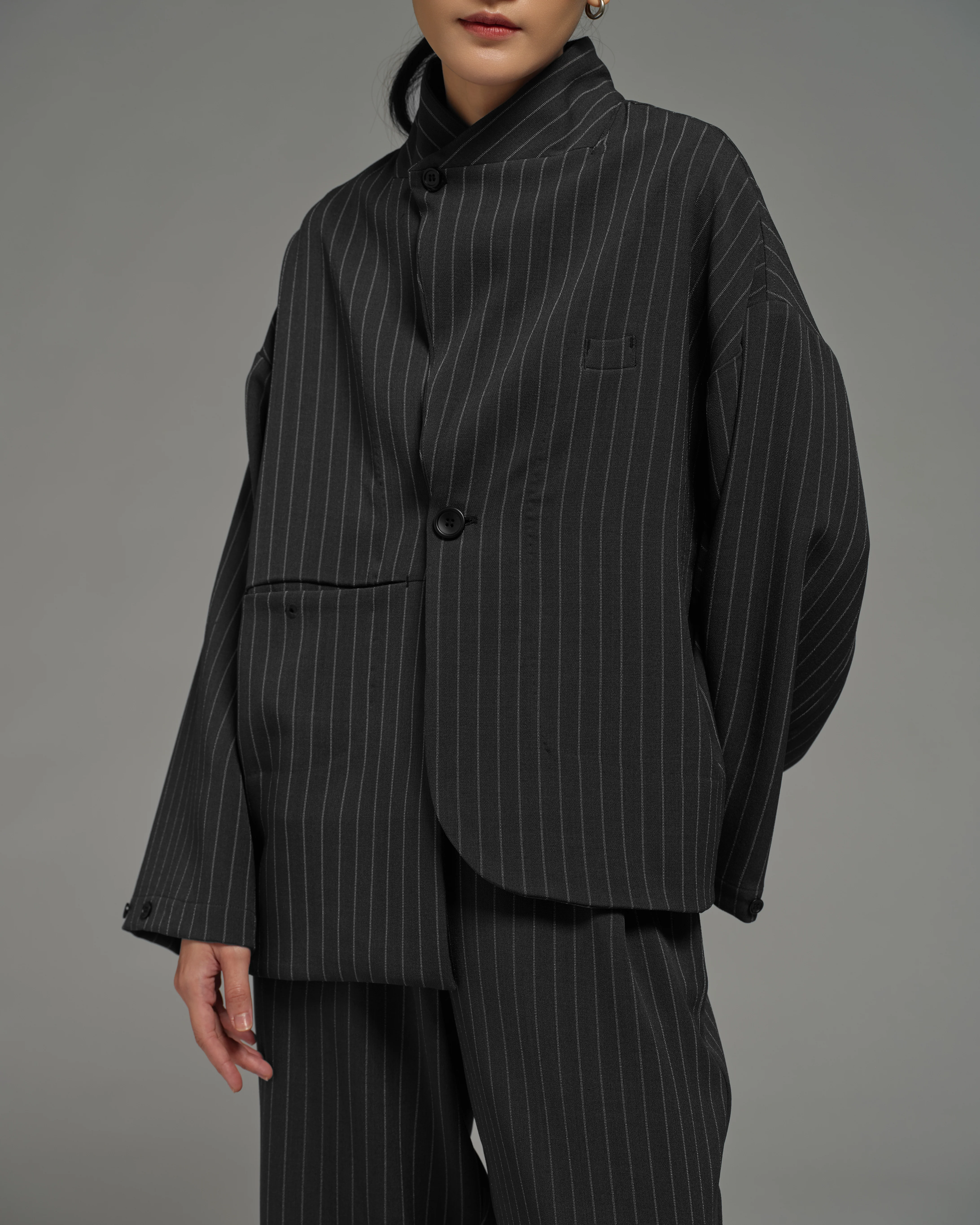 Unisex: Asymmetrical Blazer (Pinstripe Dark Blue)