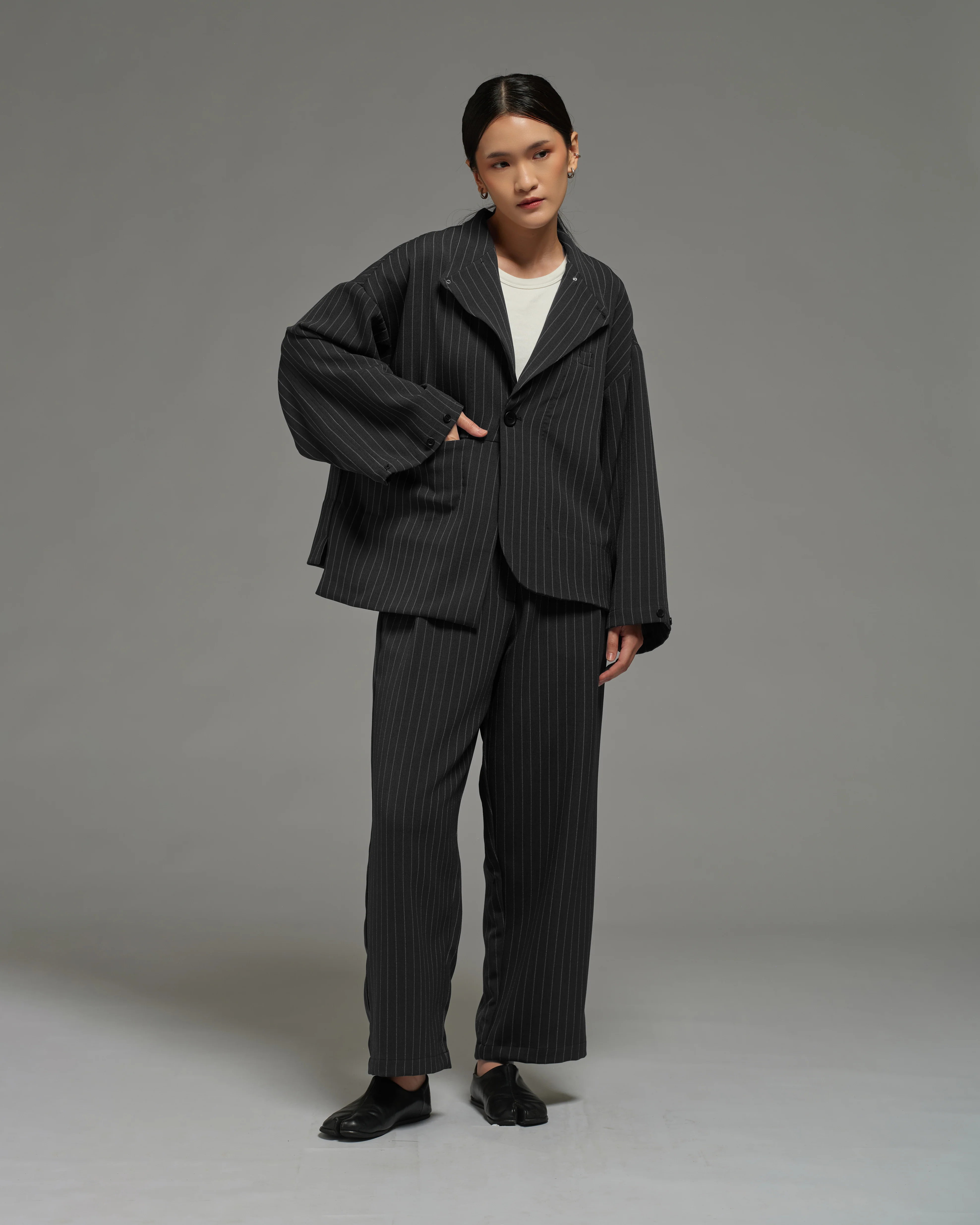 Unisex: Asymmetrical Blazer (Pinstripe Dark Blue) - Image 2