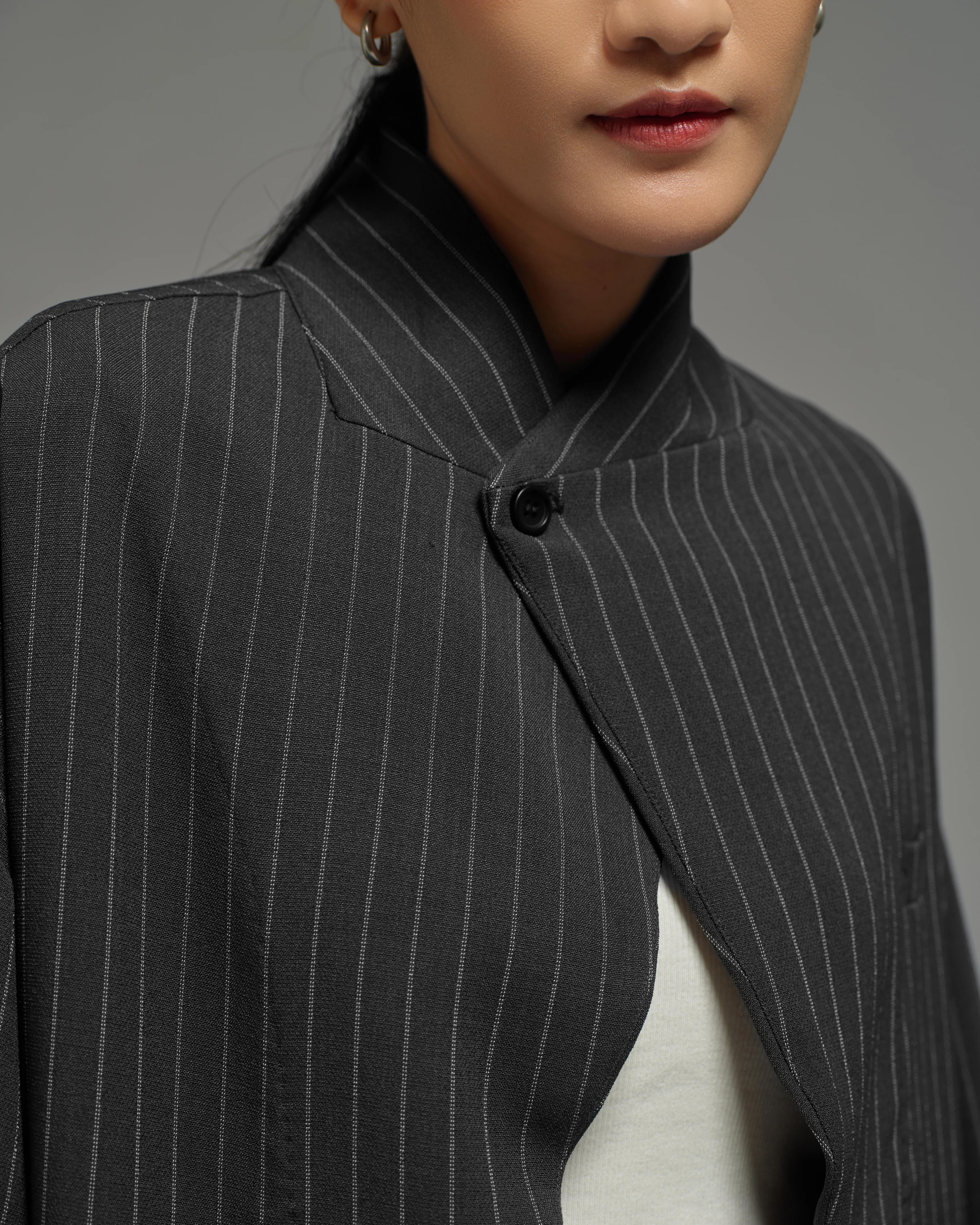 Unisex: Asymmetrical Blazer (Pinstripe Dark Blue) - Image 3