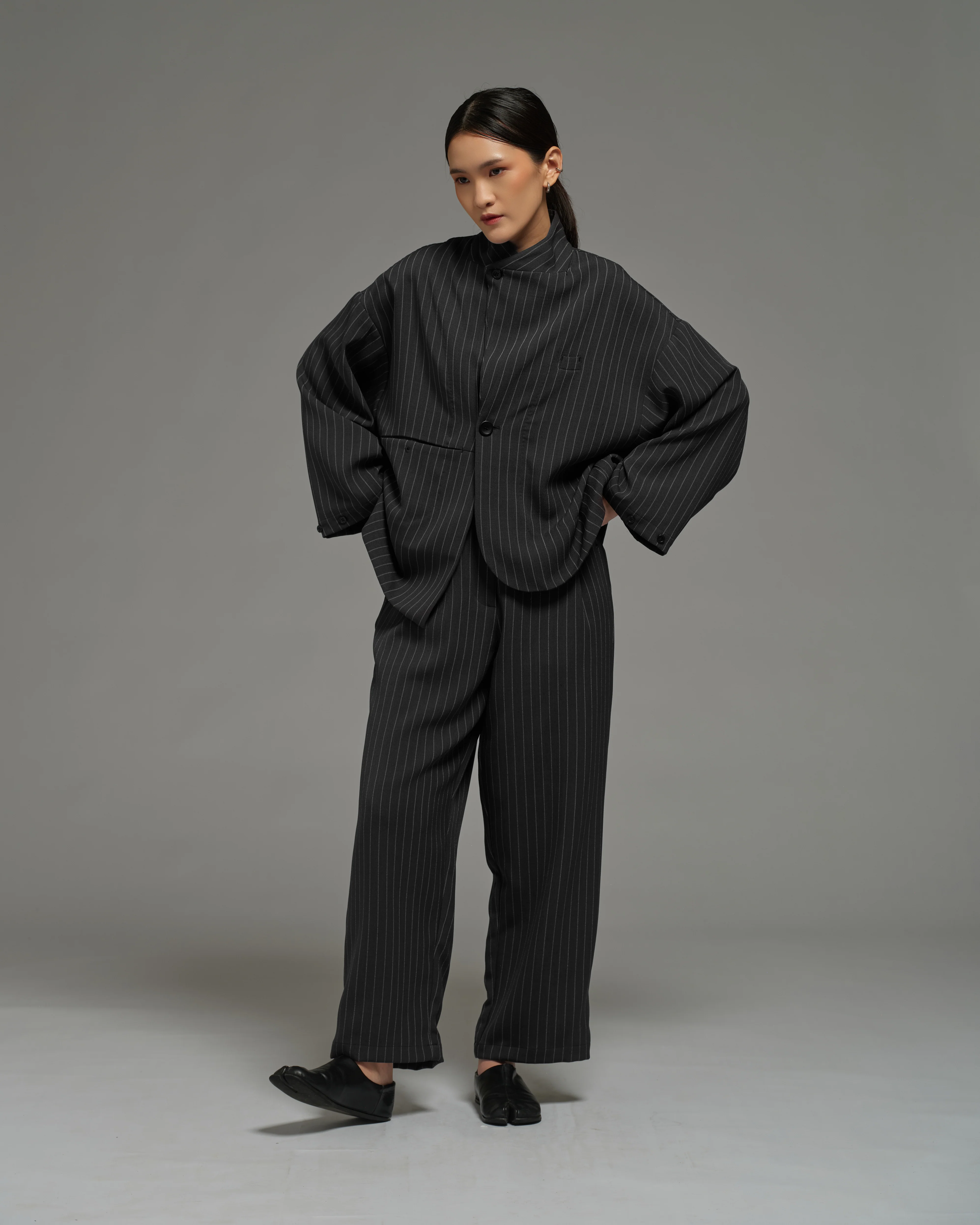 Unisex: Asymmetrical Blazer (Pinstripe Dark Blue) - Image 4