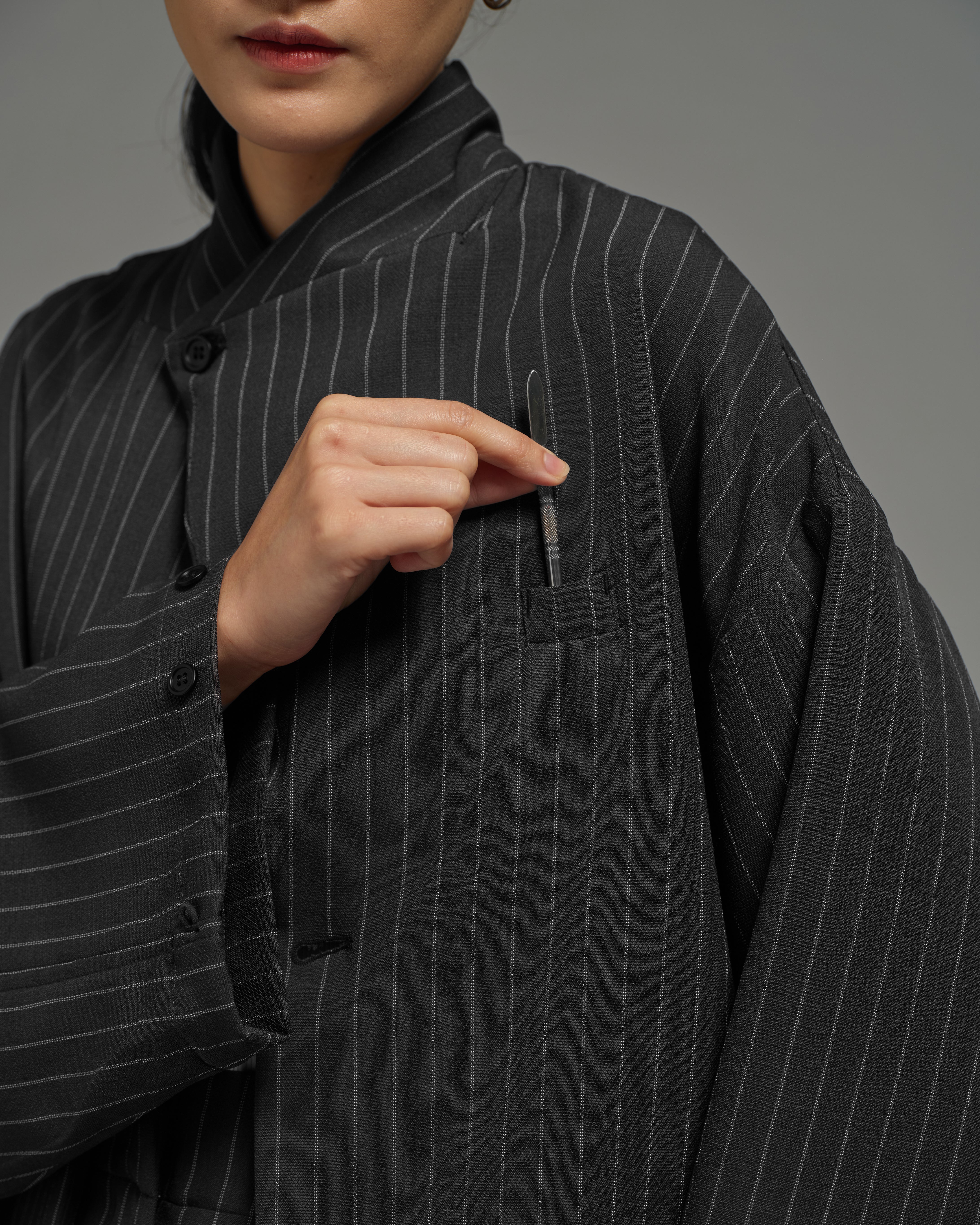 Unisex: Asymmetrical Blazer (Pinstripe Dark Blue) - Image 5
