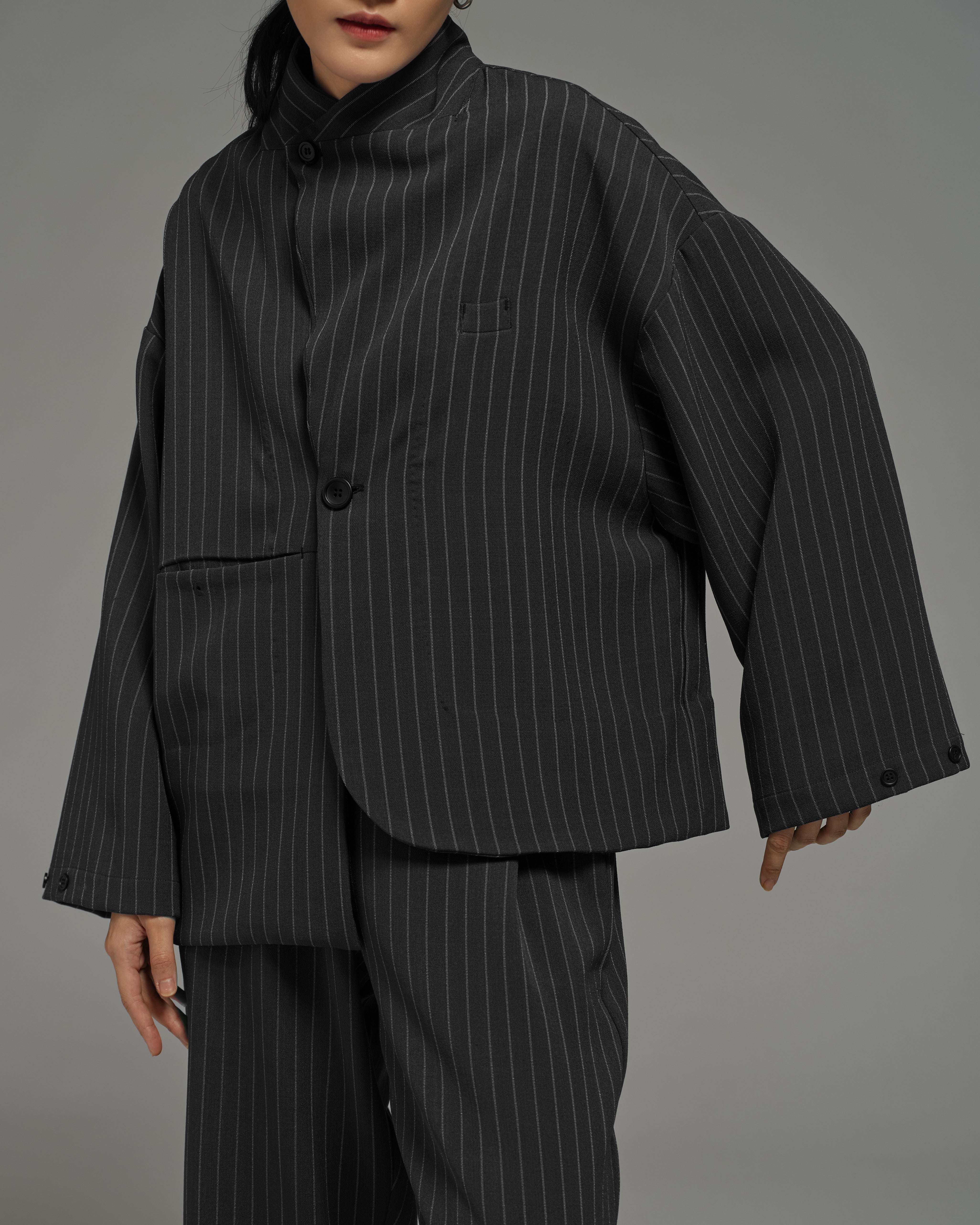 Unisex: Asymmetrical Blazer (Pinstripe Dark Blue) - Image 8