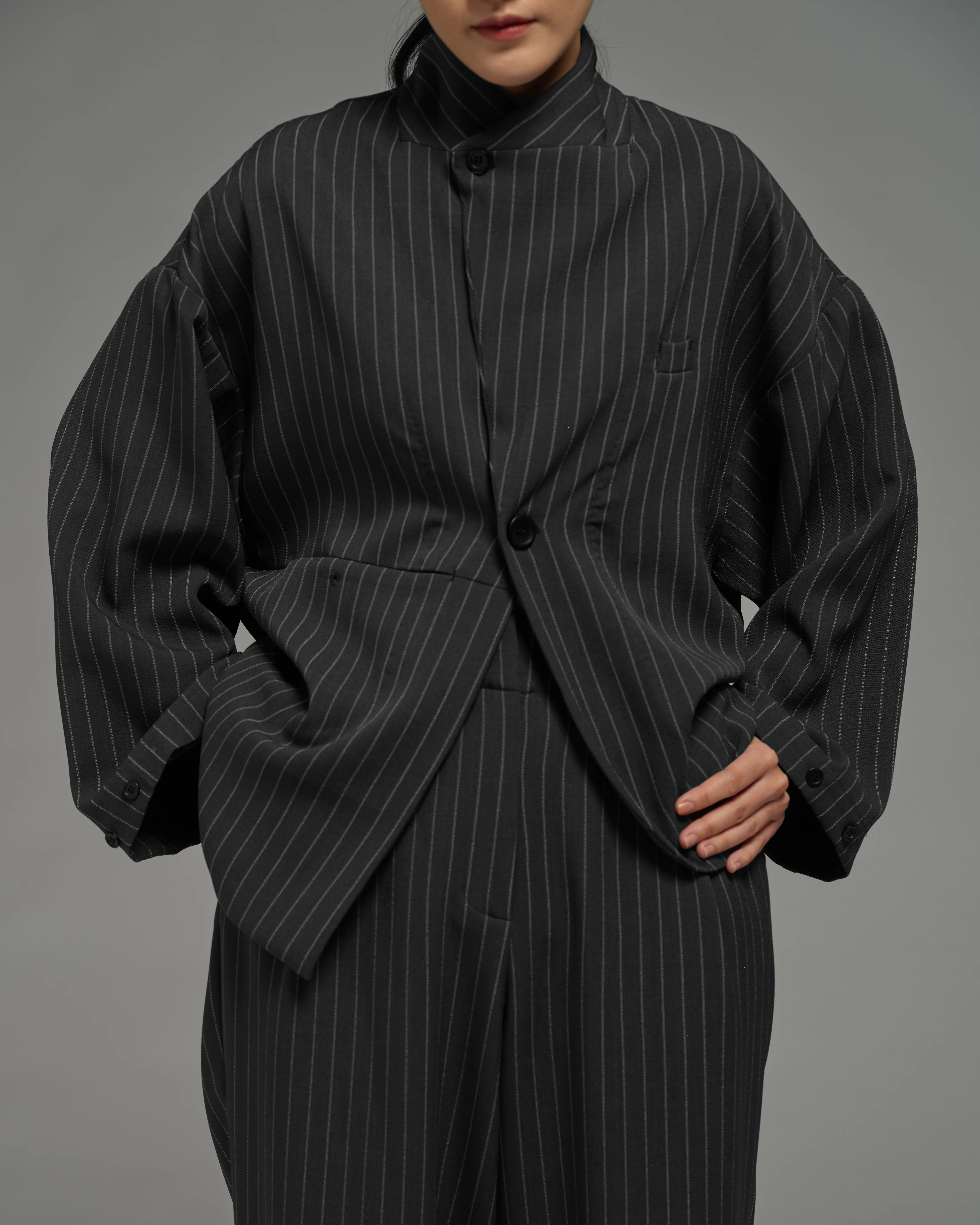 Unisex: Asymmetrical Blazer (Pinstripe Dark Blue) - Image 9