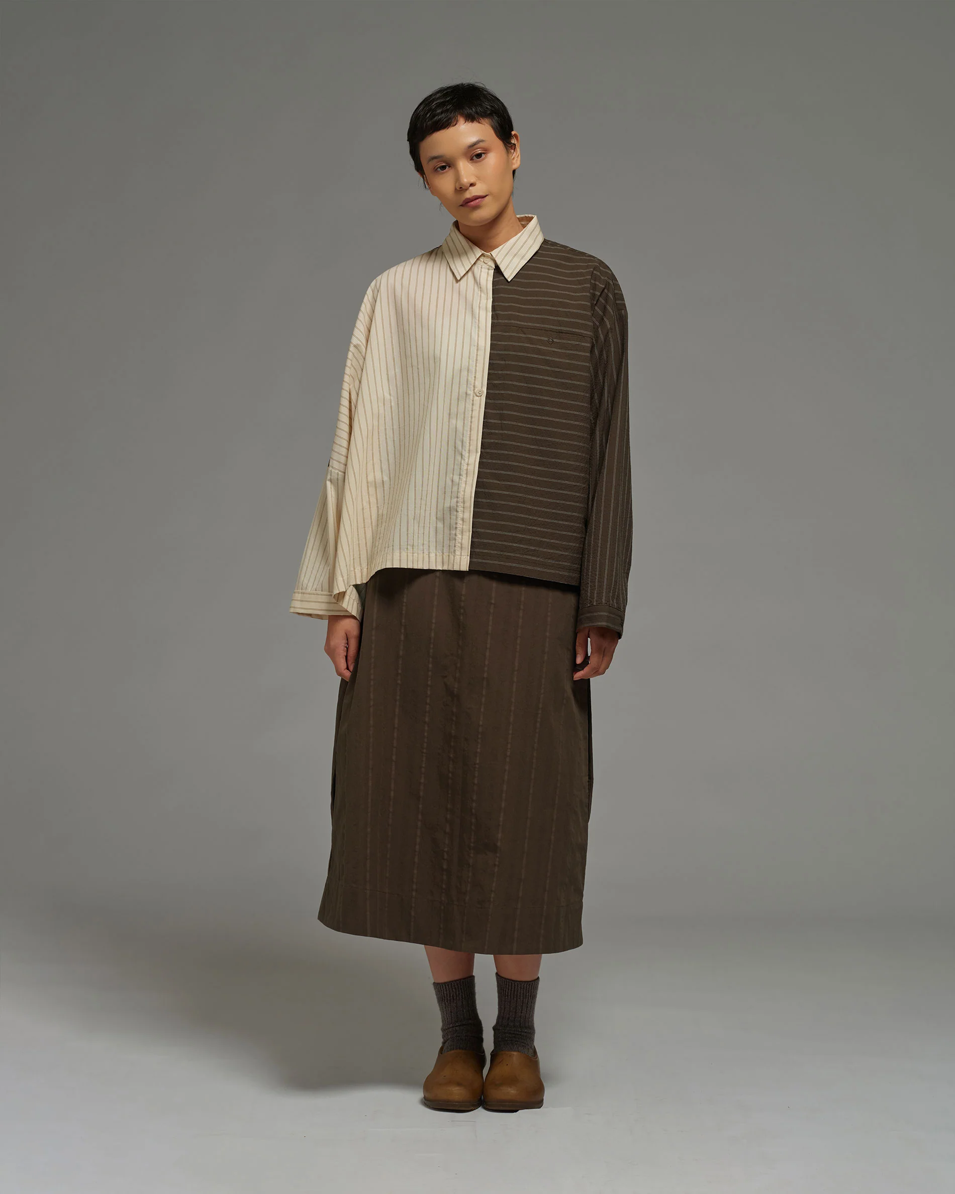 Unisex: Asymmetrical Shirt (Brown Stripe)