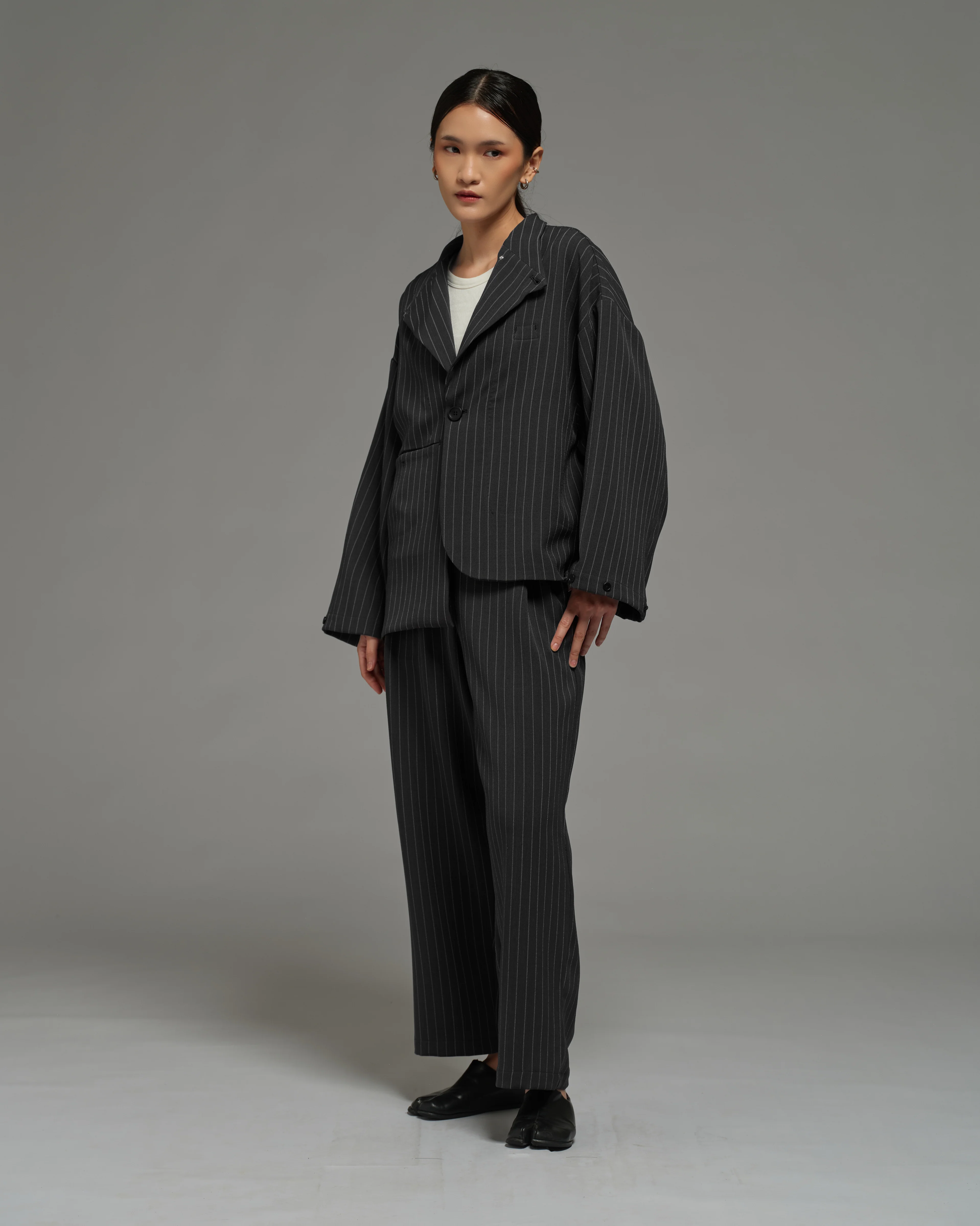 Unisex: Pleated Waist Pants (Pinstripe Dark Blue) - Image 2