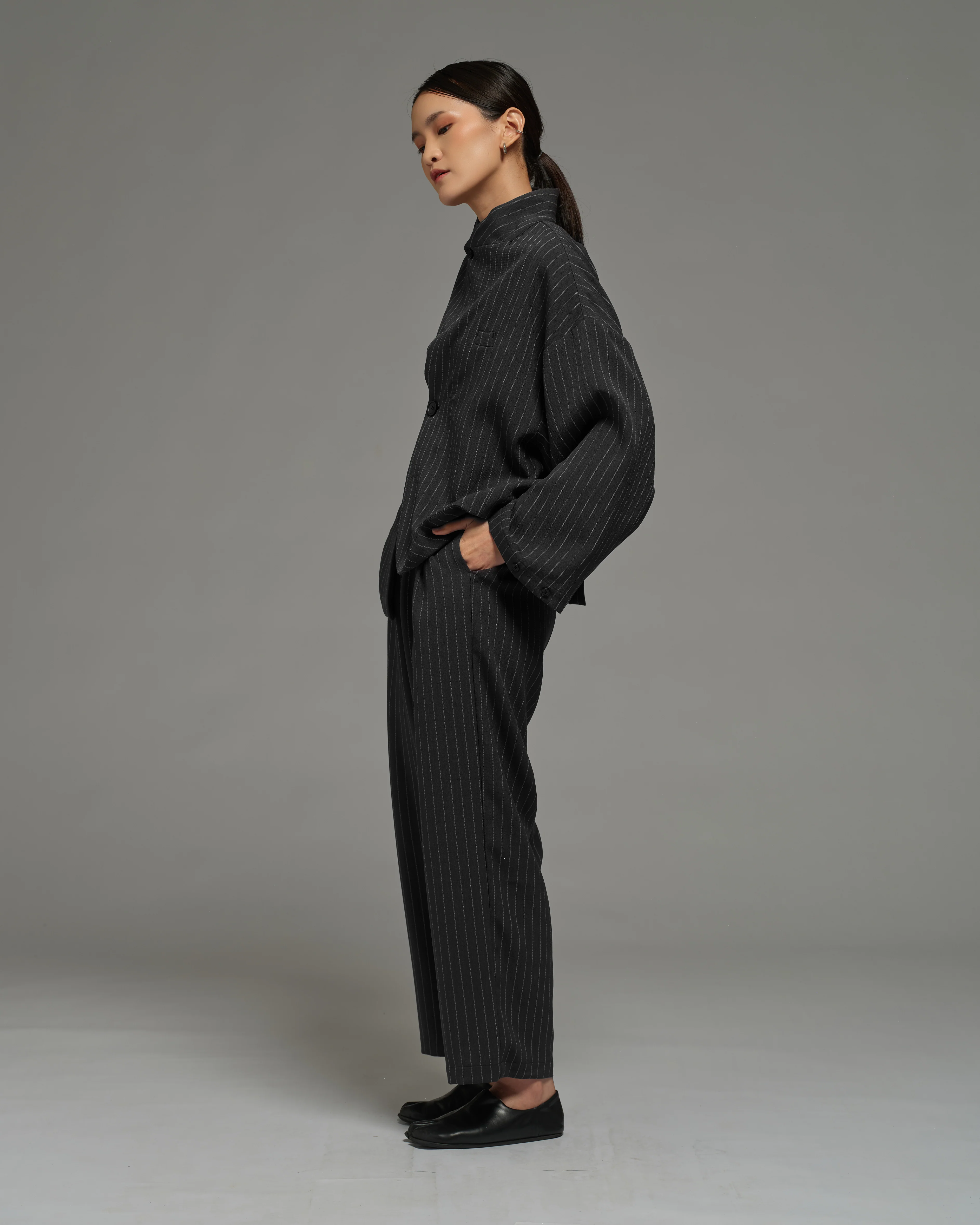 Unisex: Pleated Waist Pants (Pinstripe Dark Blue) - Image 3
